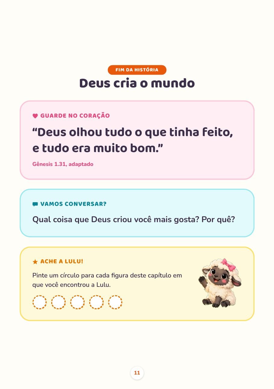 Página de fim da história com versículo, pergunta para conversar e atividade Ache a Lulu