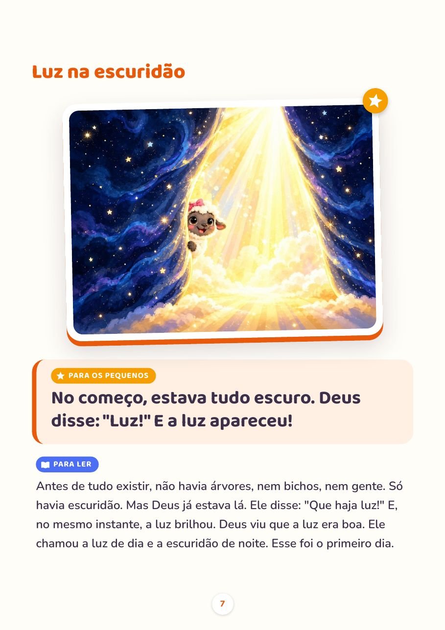 Página Luz na escuridão, com ilustração, frase para os pequenos e texto para ler